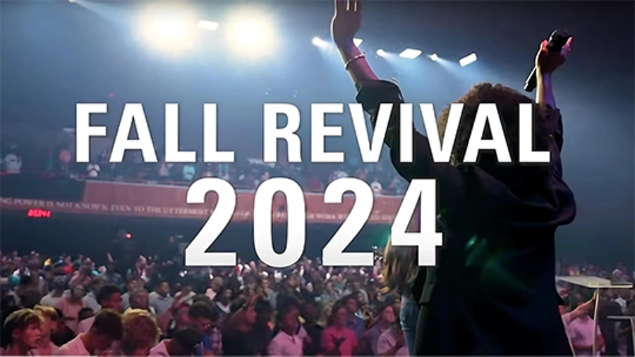 Image of ORU's Chapel during Fall Revival with text reading, "Fall Revival 2024"